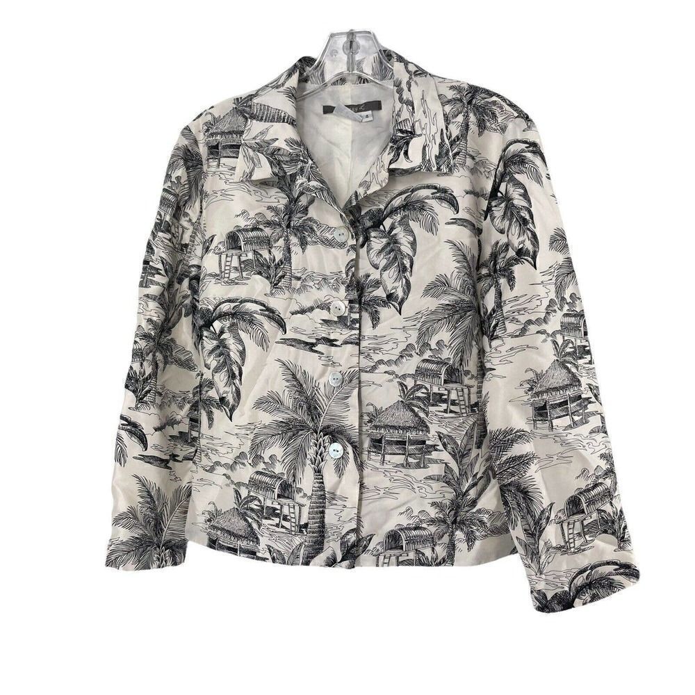 Maggy L Silk Button Front Shell Jacket White Black Tiki Hut Palm Island Size 4
